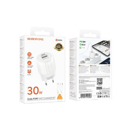 Блок питания сетевой Borofone BA94A Lustrous 1USB, Type-C 30W, PD/QC3.0/FCP/AFC, кабель 8pin-Type-C, 1,0м синий